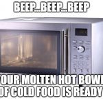 It's not original, but always relevant | BEEP...BEEP...BEEP; YOUR MOLTEN HOT BOWL OF COLD FOOD IS READY | image tagged in microwave | made w/ Imgflip meme maker