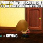 pewdiepie tomidachi life | ME WHEN MY FAVORITE COUSIN DOESN'T GO TO THE THANKSGIVING GET TOGETHER; CRYING | image tagged in pewdiepie tomidachi life | made w/ Imgflip meme maker