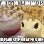 Happy salamander | WHEN YOUR MOM MAKES; YOUR FAVORITE MEAL FOR DINNER | image tagged in happy salamander | made w/ Imgflip meme maker