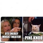 Woman and cat | PINE KNOB; DTE ENERGY MUSIC THEATER! | image tagged in woman and cat | made w/ Imgflip meme maker