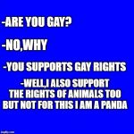 Blue Square | -ARE YOU GAY? -NO,WHY; -YOU SUPPORTS GAY RIGHTS; -WELL,I ALSO SUPPORT THE RIGHTS OF ANIMALS TOO BUT NOT FOR THIS I AM A PANDA | image tagged in blue square,gay rights,homophobia,conservative logic,animal rights | made w/ Imgflip meme maker