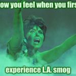 A visual aid for those who have never been there | How you feel when you first; experience L.A. smog | image tagged in yvonne craig was smoking,smog,i love the smell of napalm in the morning,puke,evil dead,my time has come | made w/ Imgflip meme maker