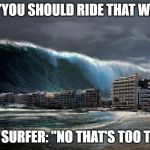 Tsunami Wave | ME: "YOU SHOULD RIDE THAT WAVE"; PRO SURFER: "NO THAT'S TOO TINY" | image tagged in tsunami wave | made w/ Imgflip meme maker