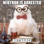 Cat Scientist | NEUTRON IS ARRESTED; NO CHARGE | image tagged in cat scientist,memes,funny memes,science,cats | made w/ Imgflip meme maker