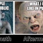 aftermath golum | WHAT I FEEL LIKE IN PUBLIC; HOW PEOPLE SEE ME IN PUBLIC | image tagged in aftermath golum | made w/ Imgflip meme maker