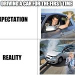 Expectation vs reality | DRIVING A CAR FOR THE FIRST TIME | image tagged in expectation vs reality | made w/ Imgflip meme maker