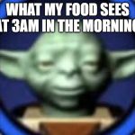 Lego Yoda | WHAT MY FOOD SEES AT 3AM IN THE MORNING | image tagged in lego yoda | made w/ Imgflip meme maker