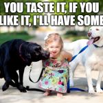 Kids and Labradors | YOU TASTE IT, IF YOU LIKE IT, I'LL HAVE SOME | image tagged in kids and labradors | made w/ Imgflip meme maker
