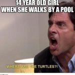 Where are the turtles | 14 YEAR OLD GIRL WHEN SHE WALKS BY A POOL | image tagged in where are the turtles | made w/ Imgflip meme maker
