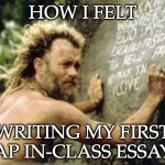 Castaway Writing on the Wall | HOW I FELT; WRITING MY FIRST AP IN-CLASS ESSAY | image tagged in castaway writing on the wall | made w/ Imgflip meme maker