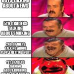 El Ristas ladder | BOYS TALKING ABOUT NEWS; 5TH GRADERS TALKING ABOUT SMOKING; 2ND GRADERS TALKING ABOUT PEOPLE GETTING HURT; 1ST GRADERS TALKING ABOUT RUBBING BUTTS ON TEACHERS | image tagged in el ristas ladder | made w/ Imgflip meme maker