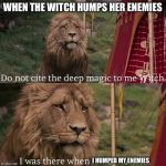 Narnia magic | WHEN THE WITCH HUMPS HER ENEMIES; I HUMPED MY ENEMIES | image tagged in narnia magic | made w/ Imgflip meme maker