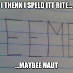 MEEMES | I THENK I SPELD ITT RITE... ...MAYBEE NAUT | image tagged in meemes | made w/ Imgflip meme maker