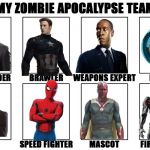 The Tony Team | image tagged in marvel,pepper potts,tony stark,captain america,spider-man,my zombie apocalypse team v2 memes | made w/ Imgflip meme maker