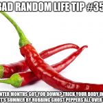 hot peppers | BAD RANDOM LIFE TIP #35:; WINTER MONTHS GOT YOU DOWN? TRICK YOUR BODY INTO THINKING IT'S SUMMER BY RUBBING GHOST PEPPERS ALL OVER YOURSELF. | image tagged in hot peppers | made w/ Imgflip meme maker