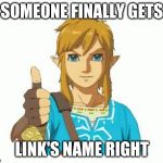 Link Thumbs Up | SOMEONE FINALLY GETS; LINK'S NAME RIGHT | image tagged in link thumbs up | made w/ Imgflip meme maker