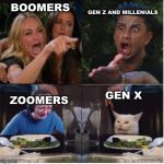 team arguement | BOOMERS; GEN Z AND MILLENIALS; GEN X; ZOOMERS | image tagged in team arguement | made w/ Imgflip meme maker