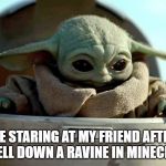 baby yoda looking down | ME STARING AT MY FRIEND AFTER HE FELL DOWN A RAVINE IN MINECRAFT | image tagged in baby yoda looking down | made w/ Imgflip meme maker