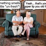old married couple | Something smells a little "un-fresh"! Yeah... that's your upper lip you old fart! | image tagged in old married couple | made w/ Imgflip meme maker
