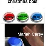 blank nut button with three buttons and text boxes | its almost christmas bois; you; a new car; puppy; Mariah Carey | image tagged in blank nut button with three buttons and text boxes | made w/ Imgflip meme maker