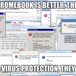 chromebook meme | THE CHROMEBOOK IS BETTER, THEY SAID; ANTI-VIRUS PROTECTION, THEY SAID | image tagged in sketchywebsitenet | made w/ Imgflip meme maker