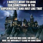 Hogwarts | I BRIEFLY WENT TO LOOK FOR SOMETHING IN THE SUPERMARKET AND JUST LIKE THAT; MY MOTHER WAS GONE, SHE MUST HAVE THE INVISIBILITY CLOAK OR SOMETHING | image tagged in hogwarts | made w/ Imgflip meme maker