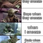 yoda rank | Girls when they sneeze; Boys when they sneeze; when i sneeze; Dads when they sneeze | image tagged in yoda rank | made w/ Imgflip meme maker