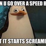 Madagascar penguin | WHEN U GO OVER A SPEED BUMP; BUT IT STARTS SCREAMING | image tagged in madagascar penguin | made w/ Imgflip meme maker