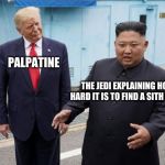 Trump looking at Kim | PALPATINE; THE JEDI EXPLAINING HOW HARD IT IS TO FIND A SITH LORD | image tagged in trump looking at kim | made w/ Imgflip meme maker