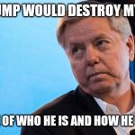Lindsay Graham | MR. TRUMP WOULD DESTROY MY PARTY; BECAUSE OF WHO HE IS AND HOW HE BEHAVES | image tagged in lindsay graham | made w/ Imgflip meme maker