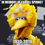 Rest in Peace to the original puppeteer of Big Bird | IN MEMORY OF CAROLL SPINNEY 1933-2019 | image tagged in memes,big bird,rip,carol,spinney,memorial | made w/ Imgflip meme maker