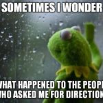 kermit the frog | SOMETIMES I WONDER; WHAT HAPPENED TO THE PEOPLE
WHO ASKED ME FOR DIRECTIONS | image tagged in sad kermit,sometimes i wonder,sometimes,kermit window,sometimes i wonder what happened | made w/ Imgflip meme maker