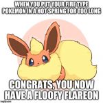 Too much floof | WHEN YOU PUT YOUR FIRE TYPE POKEMON IN A HOT SPRING FOR TOO LONG; CONGRATS, YOU NOW HAVE A FLOOFY FLAREON | image tagged in too much floof | made w/ Imgflip meme maker