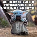 Baby Yoda drinking tea | MY WIFE STARING AND WAITING FOR ME TO GIVE THE PROPER RESPONSE AFTER I GIVE THE KIDS A "DAD ANSWER". | image tagged in baby yoda drinking tea | made w/ Imgflip meme maker