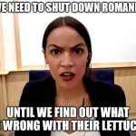 Alexandria Ocasio-Cortez | WE NEED TO SHUT DOWN ROMANIA; UNTIL WE FIND OUT WHAT IS WRONG WITH THEIR LETTUCE! | image tagged in alexandria ocasio-cortez | made w/ Imgflip meme maker