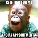 Happy Monkey Happy Birthday | IS IT TIME FOR MY; FACIAL APPOINTMENT? | image tagged in happy monkey happy birthday | made w/ Imgflip meme maker