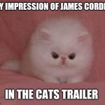 BE AFRAID | MY IMPRESSION OF JAMES CORDEN; IN THE CATS TRAILER | image tagged in be afraid | made w/ Imgflip meme maker