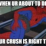 Sexy Railroad Spiderman Meme | WHEN UR ABOUT TO DIE BUT UR CRUSH IS RIGHT THERE | image tagged in memes,sexy railroad spiderman,spiderman | made w/ Imgflip meme maker
