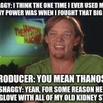 shaggy cast | SHAGGY: I THINK THE ONE TIME I EVER USED MORE THAN 3% OF MY POWER WAS WHEN I FOUGHT THAT BIG PURPLE DUDE. PRODUCER: YOU MEAN THANOS? SHAGGY: YEAH, FOR SOME REASON HE HAD A GLOVE WITH ALL OF MY OLD KIDNEY STONES | image tagged in shaggy cast | made w/ Imgflip meme maker