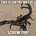 Scorpions | HELLO THIS IS EARTHS WAY OF SAYING; SCREW YOU! | image tagged in scorpions | made w/ Imgflip meme maker