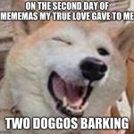 Doggo | ON THE SECOND DAY OF MEMEMAS MY TRUE LOVE GAVE TO ME; TWO DOGGOS BARKING | image tagged in doggo | made w/ Imgflip meme maker