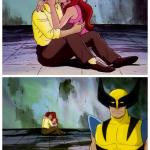 Couple makes out while Wolverine looks disappointed meme