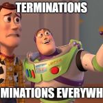 Woody Buzz Everywhere | TERMINATIONS; TERMINATIONS EVERYWHERE | image tagged in woody buzz everywhere | made w/ Imgflip meme maker