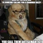 smart dog | HOW DO YOU RESPOND TO SOMEONE CALLING YOU A GRAMMAR NAZI? YOU CALL THEM ANTISEMANTIC! | image tagged in smart dog | made w/ Imgflip meme maker