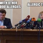 Man and woman microphone | ALLERGIC TO PEANUTS; PEOPLE WITH OTHER SERIOUS FOOD ALLERGIES | image tagged in man and woman microphone | made w/ Imgflip meme maker