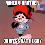 wakko | WHEN U BROTHER; CONFESS DAT HE GAY | image tagged in wakko | made w/ Imgflip meme maker