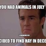 Animal owners | YOU HAD ANIMALS IN JULY; @FARMEMES101; AND DECIDED TO FIND HAY IN DECEMBER... | image tagged in varsity blues,lol,hay,farmer,horses | made w/ Imgflip meme maker