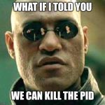 morpheus | WHAT IF I TOLD YOU; WE CAN KILL THE PID | image tagged in morpheus | made w/ Imgflip meme maker