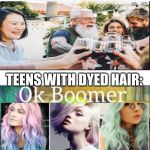 Ok Boomer | BOOMER TO TEENS WITH DYED HAIR: YOUR KILLING YOUR HAIR BY DYING IT! TEENS WITH DYED HAIR: | image tagged in ok boomer | made w/ Imgflip meme maker
