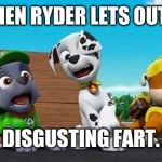 Paw Patrol Shocked Rocky, Marshall, and Rubble | WHEN RYDER LETS OUT A; DISGUSTING FART. | image tagged in paw patrol shocked rocky marshall and rubble | made w/ Imgflip meme maker